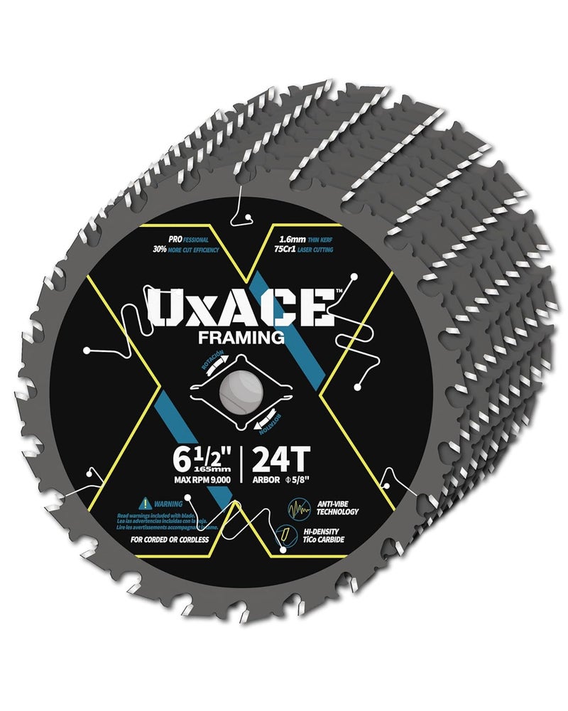 UXACE 6-1/2-Inch 24-Tooth Circular Saw Blade with 5/8-Inch Arbor, Framing Wood Cutting, Carbide Tip, Thin Kerf, for Plywood, MDF, OSB, Laminated, 10 Pack - Image 1